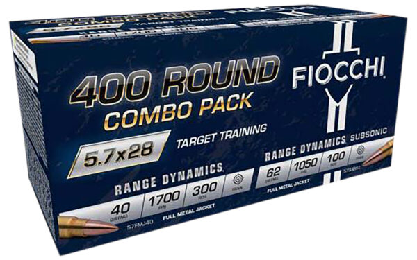 Fiocchi Range Dynamics/Subsonic 5.7x28mm, 40 & 62gr, Full Metal Jacket, 400rd Pack (Combo 300rds Dynamics 40gr and100rds Subsonic 62gr)